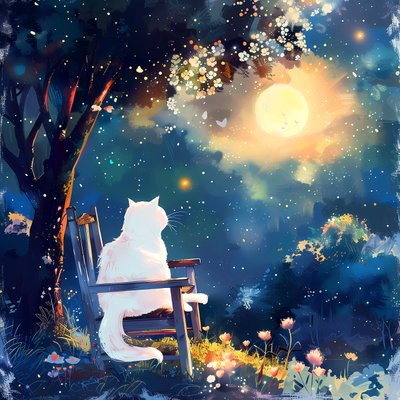 Un gatto bianco seduto su una vecchia sedia di legno di notte al chiaro di luna, decorazione per camera da letto da F. Abderrahim