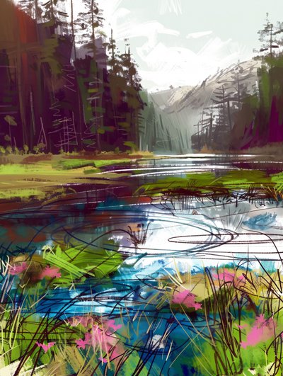 Bellissimo paesaggio nella foresta e montagne vicino a un lago per decorazione del soggiorno da F. Abderrahim