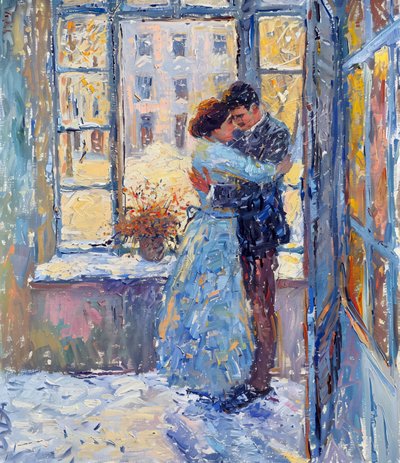Stampe su tela su richiesta: pittura a olio impressionista di una coppia romantica da F. Abderrahim