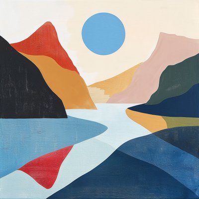 Vista del lago, paesaggio astratto, forme geometriche minimaliste per decorazione murale da F. Abderrahim