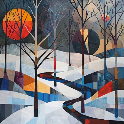 Alberi e paesaggio invernale, forma geometrica astratta per stampe murali da F. Abderrahim