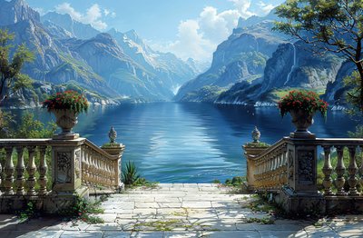 Stampe murali: vista di un lago e paesaggio naturale da un balcone da F. Abderrahim