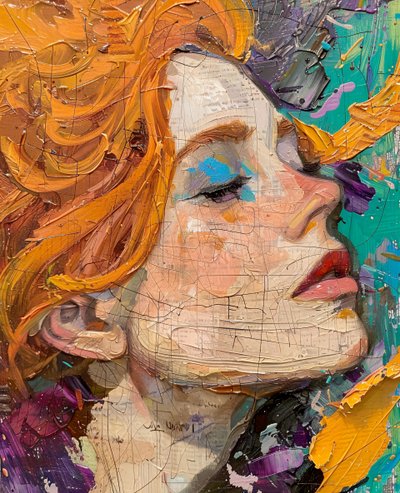 Dipinto astratto: una donna con capelli rossi, ritratto, stampe murali in vendita da F. Abderrahim