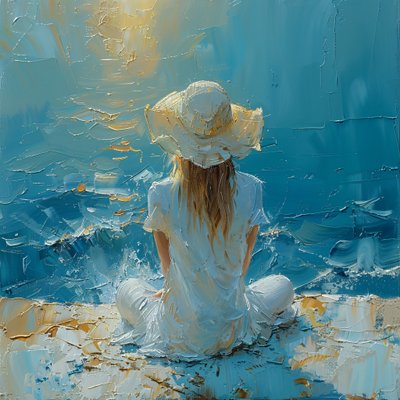Dipinto astratto: bella ragazza in una brezza marina | stampe murali da F. Abderrahim