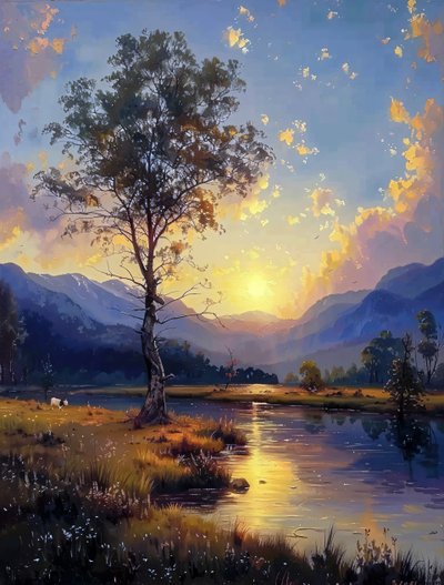 Bellezza del tramonto che si trasforma in notte su tela, pittura digitale, decorazione murale da F. Abderrahim