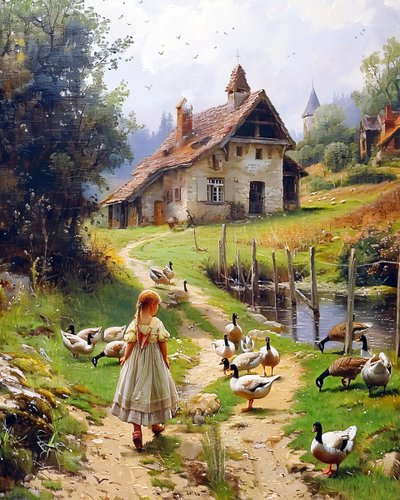Ragazza e pollame in un paesaggio europeo antico, stile Berkshire Homestead, stampe d