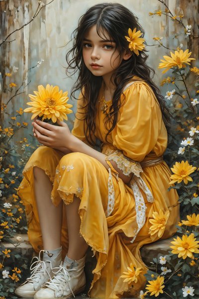 Innocente bella ragazza che tiene fiori in un paesaggio naturale, stampe d
