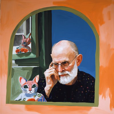 Gatto e artista che si guarda allo specchio da F. Abderrahim