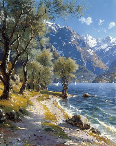 Paesaggio montano e forestale con un lago tranquillo, stampe d