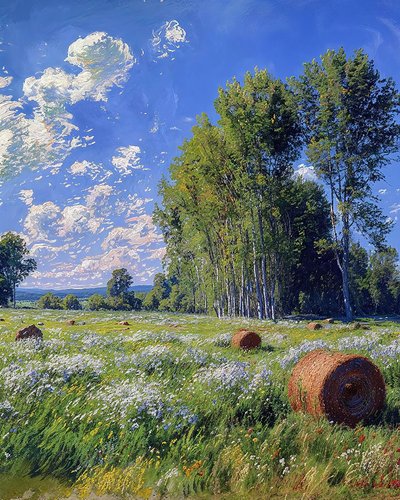 Campo di grano e fiori in un paesaggio primaverile, decorazioni murali e stampe su tela da F. Abderrahim