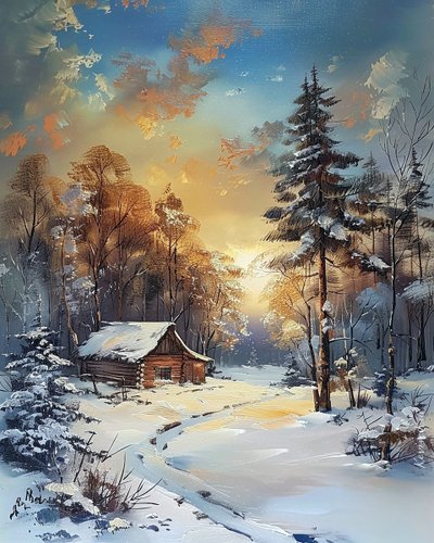 Capanna in mezzo alla foresta e alla neve, paesaggio invernale, idee di decorazione murale da F. Abderrahim