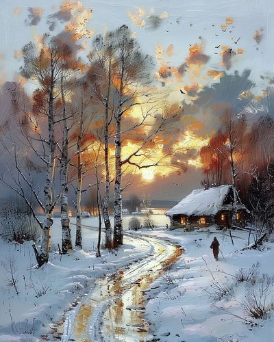 Tramonto in un panorama naturale accanto a una baita di legno in una giornata di neve da F. Abderrahim