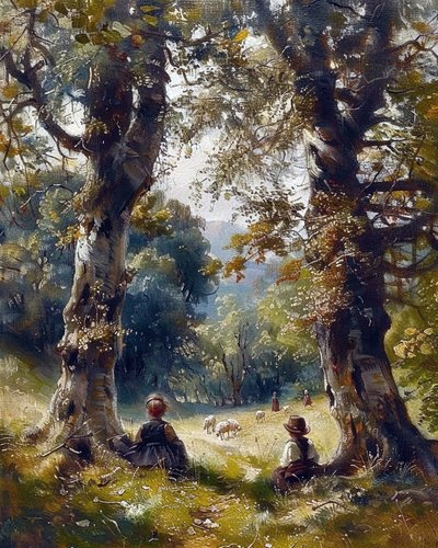 Bambini seduti sotto gli alberi nella foresta, decorazione murale moderna da F. Abderrahim