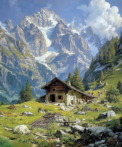 Cabina di legno nelle Alpi svizzere in primavera, decorazione murale per la cucina da F. Abderrahim