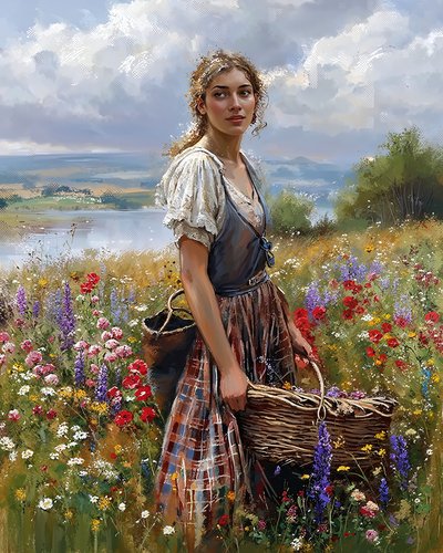 Una bella contadina che raccoglie i frutti in primavera, stampe d