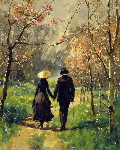 Un uomo e una bella donna innamorata camminano nel bel mezzo di una foresta da F. Abderrahim