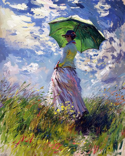 Donna vestita con ombrello che cammina su una collina verde in primavera da F. Abderrahim