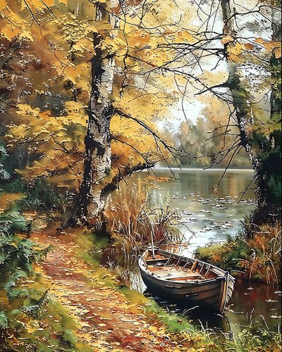 Una barca di legno nel mezzo di un lago incantato, vendita Wall Decor da F. Abderrahim