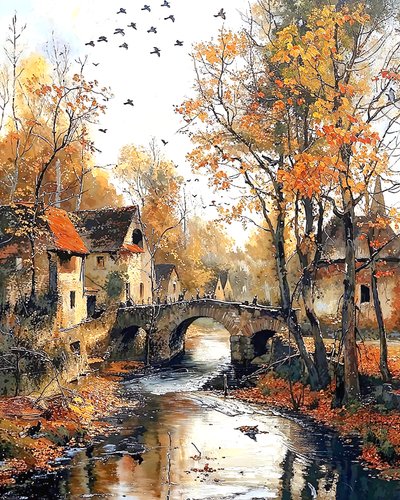 Casa tradizionale e ponte sul fiume, decorazione della cornice a parete da F. Abderrahim