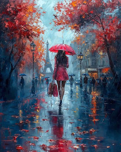 Elegante signora con ombrello che cammina in una strada di Parigi, decorazione murale moderna da F. Abderrahim