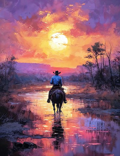 Cavaliere occidentale in un paesaggio rosso al tramonto, decorazione murale per il soggiorno da F. Abderrahim
