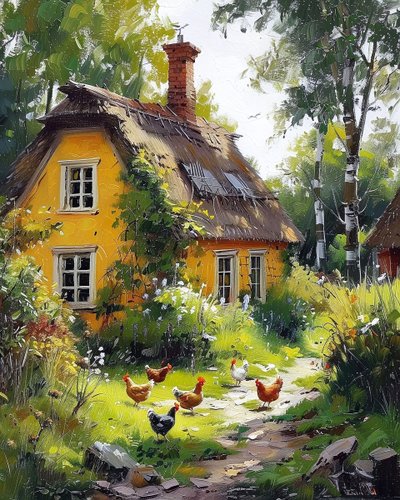 Casa di legno in campagna con frutteti in fiore, stampe d