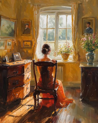 Una donna siede su una sedia e guarda fuori dalla finestra in un momento di contemplazione. da F. Abderrahim