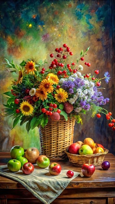 stampa su tela, cesto di frutta e verdura con bouquet e rose, da F. Abderrahim