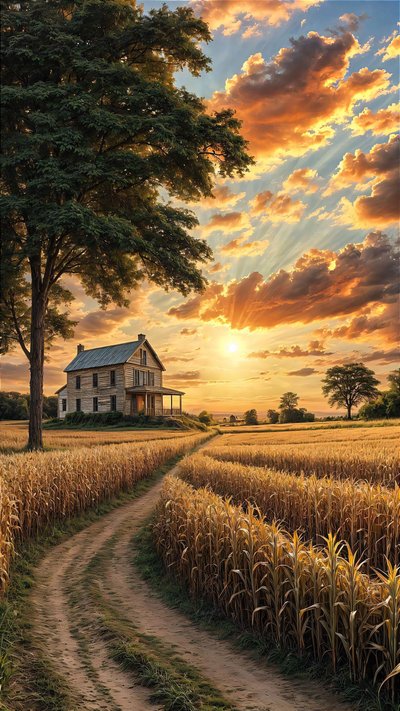 Una casa di campagna su una strada sterrata, circondata da un campo di grano, decorazione a muro da F. Abderrahim