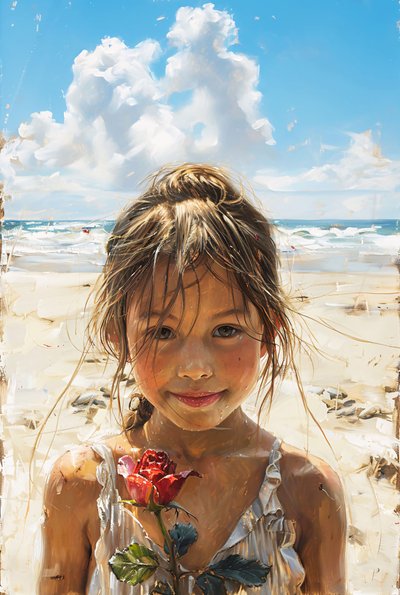 Bella ragazza con rose in mano in riva al mare, stampa su tela e decorazione murale da F. Abderrahim
