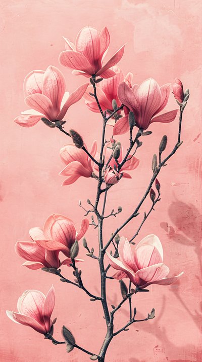 Fiori rosa e grigi minimalisti, decorazione botanica per la camera da letto da F. Abderrahim