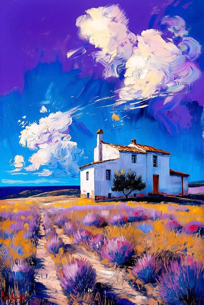 Paesaggio di una casa di campagna, campo di lavanda, cielo blu e nuvole bianche da F. Abderrahim