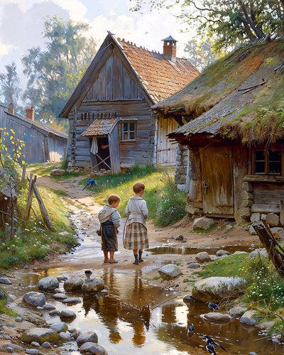 Vita rurale quotidiana. Strada del villaggio, bambini davanti a una capanna di legno da F. Abderrahim