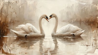 Due cigni faccia a faccia, tela e decorazioni murali con cornice da F. Abderrahim