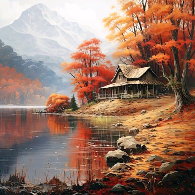 Quadro di una capanna nel bosco vicino a un fiume, decorazione murale per la camera da letto da F. Abderrahim