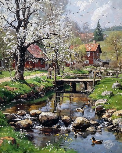 Il cottage del mulino in primavera, olio su tela, decorazione murale con cornice da F. Abderrahim