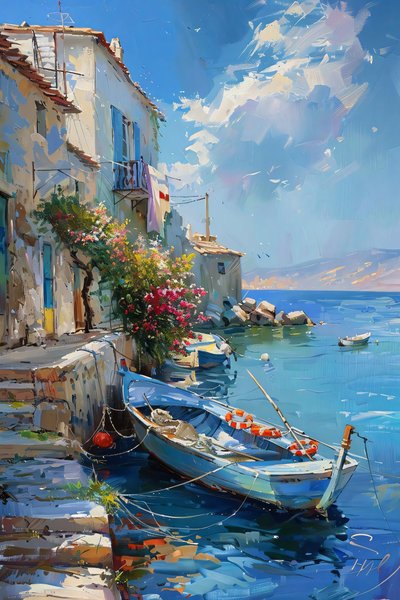 Barca tradizionale nel porto di un villaggio del Mediterraneo, targa blu da F. Abderrahim