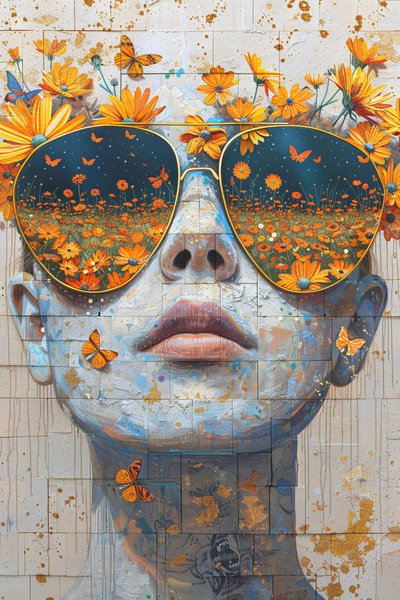 Volto di donna in primo piano con fiori dell