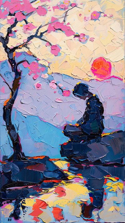 Donna che medita sotto un albero, pittura a olio digitale, decorazione murale moderna da F. Abderrahim
