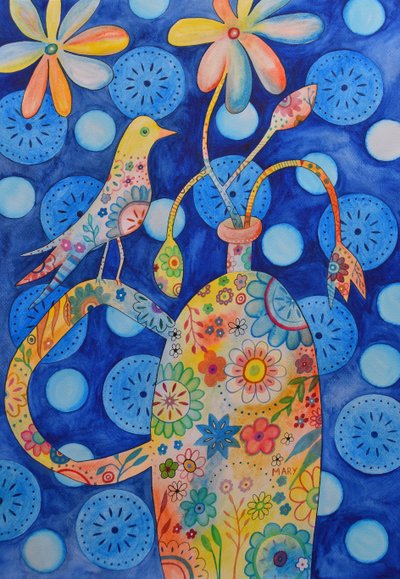Uccello su vaso di fiori da Marys Watercolors