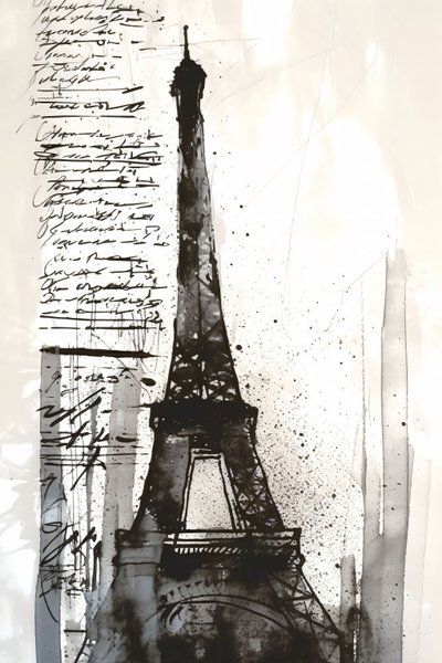 Quadro impressionista con schizzi di vernice nera sulla torre Eiffel, stampa su tela con cornice su richiesta da F. Abderrahim