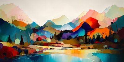Paesaggio astratto colorato, dipinto panoramico, bella tavolozza di colori, stampe d