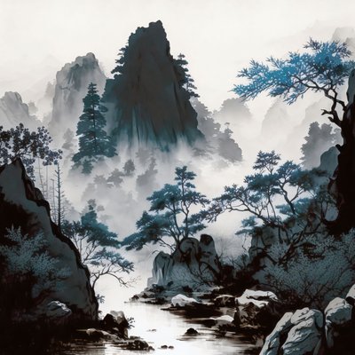 Cianotipo Montagna fiume nebbia in stile Shan Shui, decorazione murale per camera da letto da F. Abderrahim