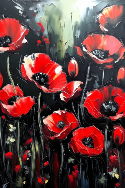 pittura a coltello, papaveri rossi vividi applicati a strati spessi, stampe d