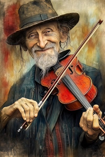 Musicista di strada che suona musica jazz con il suo violino, , Decorazione da parete con cornice da F. Abderrahim