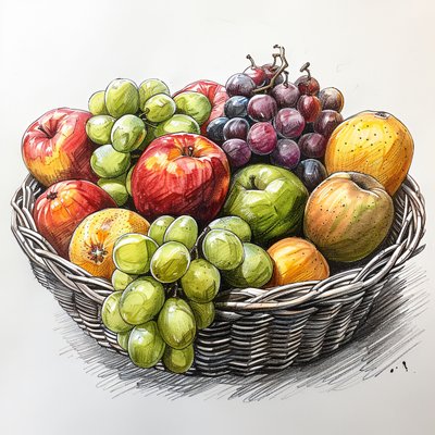 un cesto di frutta, semplice disegno di natura morta, stampe d