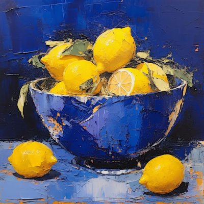Vaso di ceramica blu con limone in cucina, decorazione da parete con cornice da F. Abderrahim