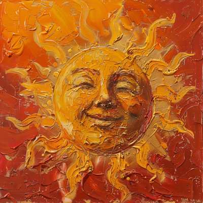 Un sole paffuto dipinto su uno sfondo rosso e velato, stampe d