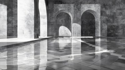 Archi e cancelli in un palazzo di marmo, architettura, Bianco e nero, stampe d