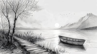 Barca in mezzo a un fiume, disegnata con linee nere, stampe su tela personalizzate online da F. Abderrahim